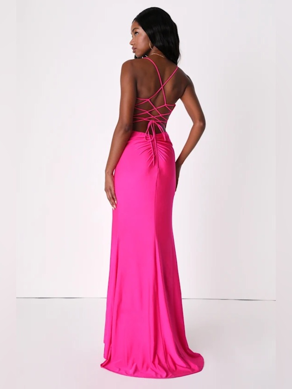 Divine Desires Hot Pink Satin Lace-Up Mermaid Maxi Dress | Size Small | NWT - Picture 5 of 12